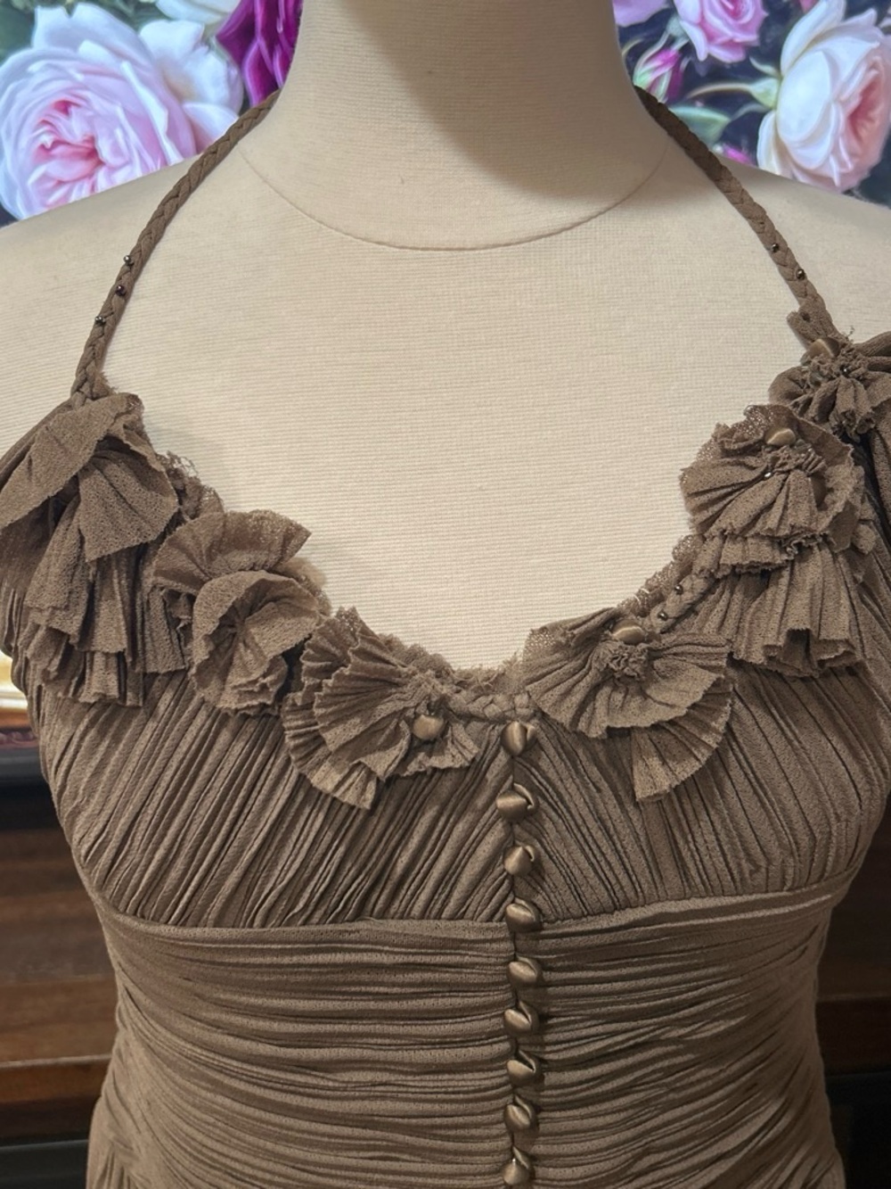 BCBGMaxAzria Brown Pleated Halter Cocktail Dress - Picture 6 of 8